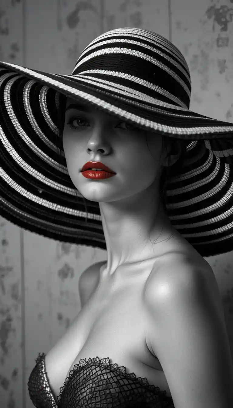 Teen fashion portrait with striped hat and red lips