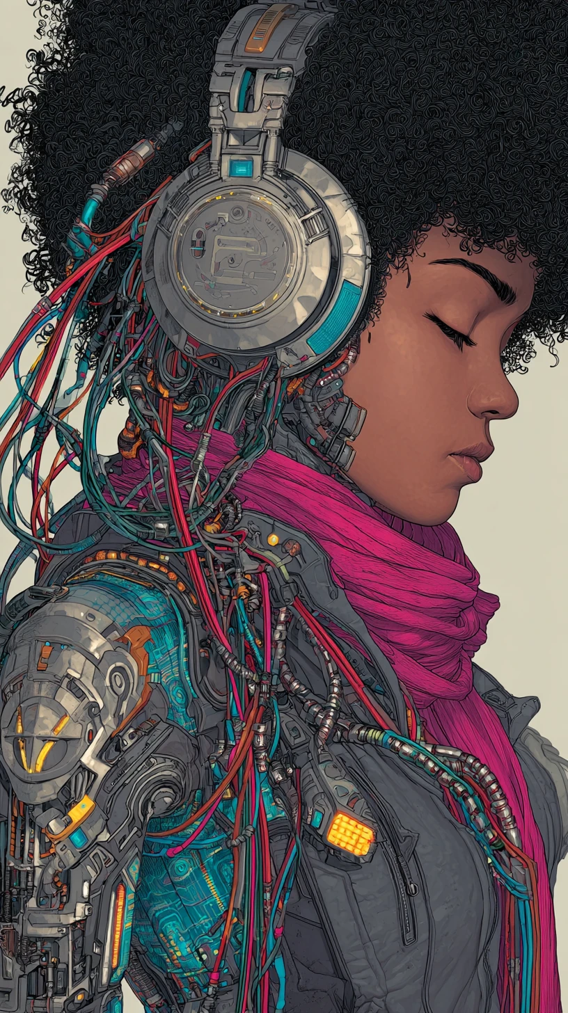 Afro futurist woman in profile with mechanical headphones