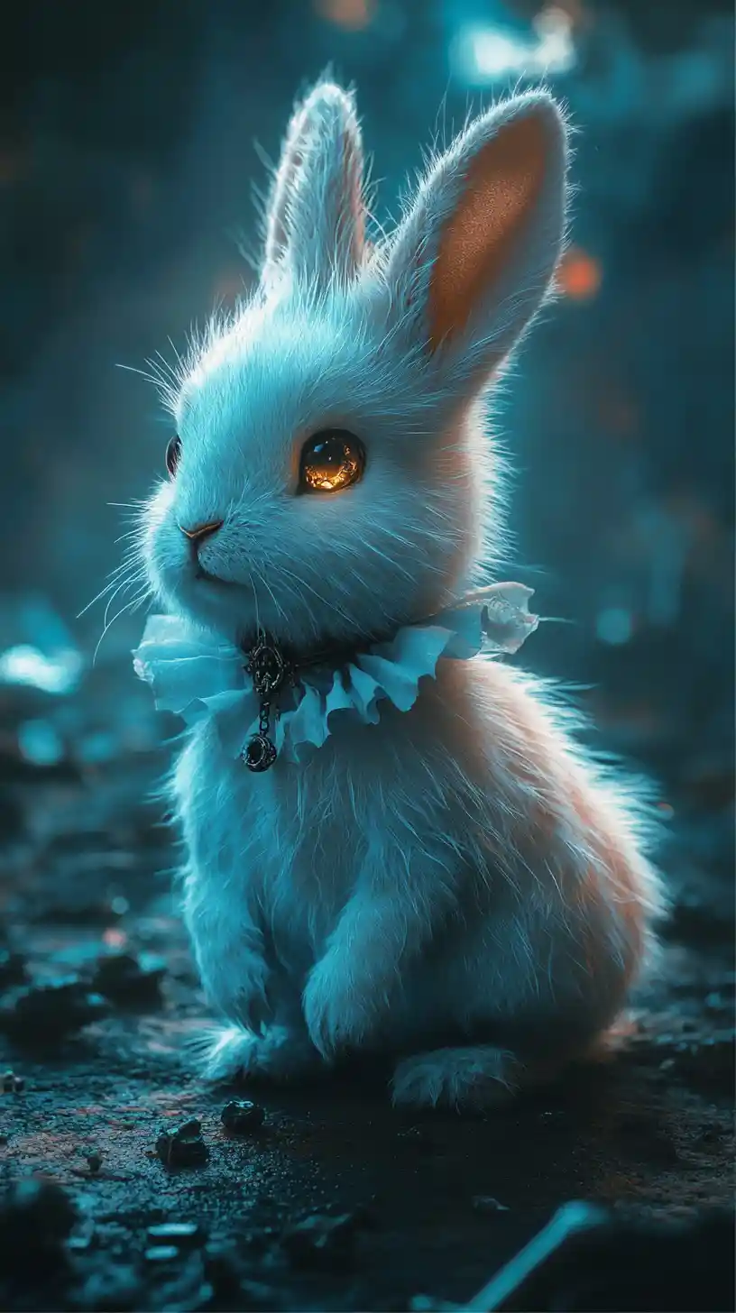 Anthropomorphic rabbit in a dark mystical ruined landscape