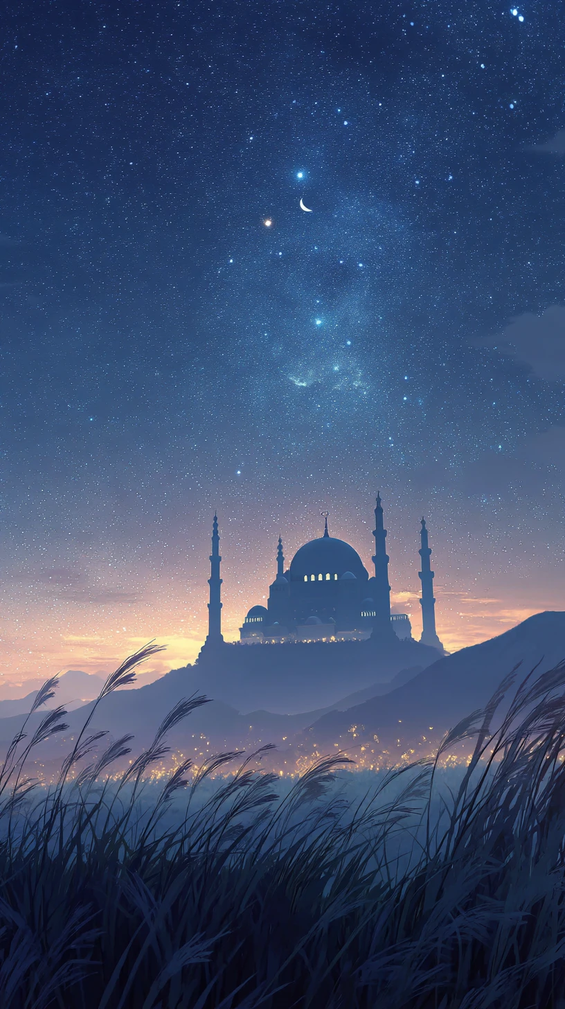 Moonlit mosque above wheat fields under a starry sky