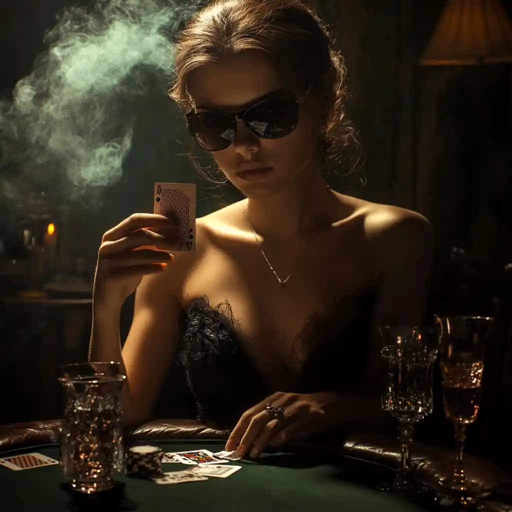Gangster poker game with mysterious woman serving whisky