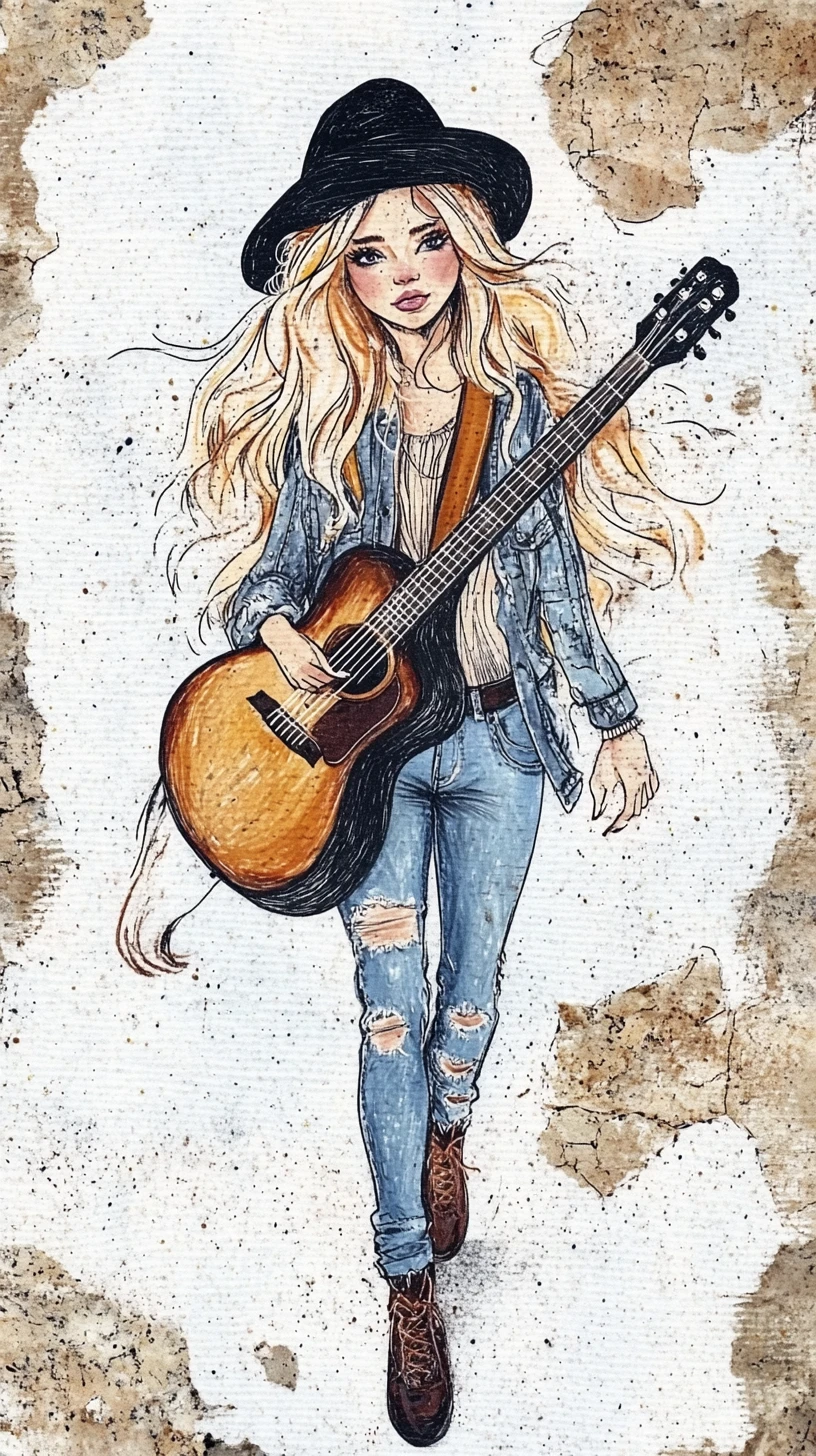 Bohemian woman walking forward with guitar on her back