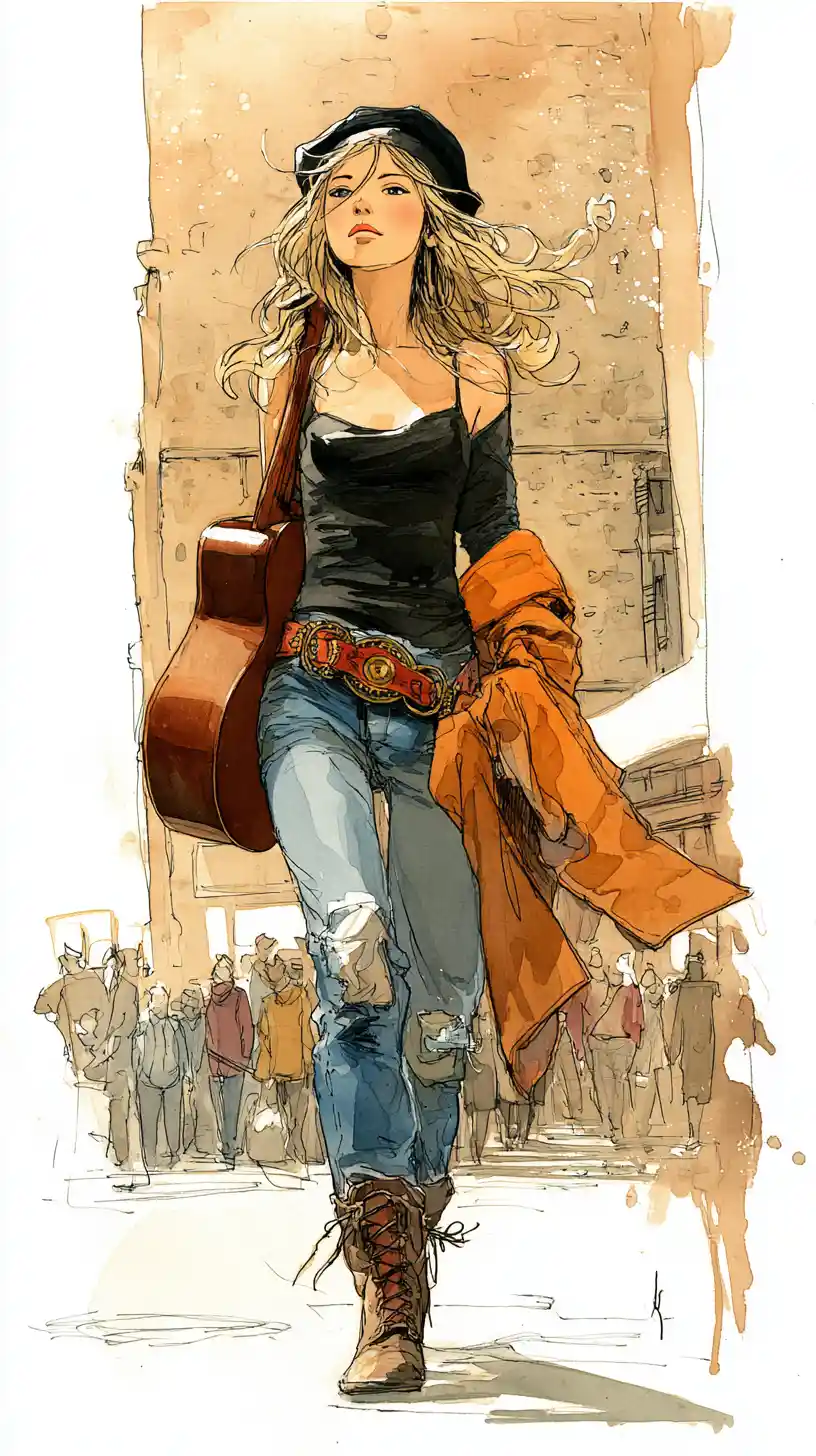 Bohemian woman walking with guitar against rustic stone wall