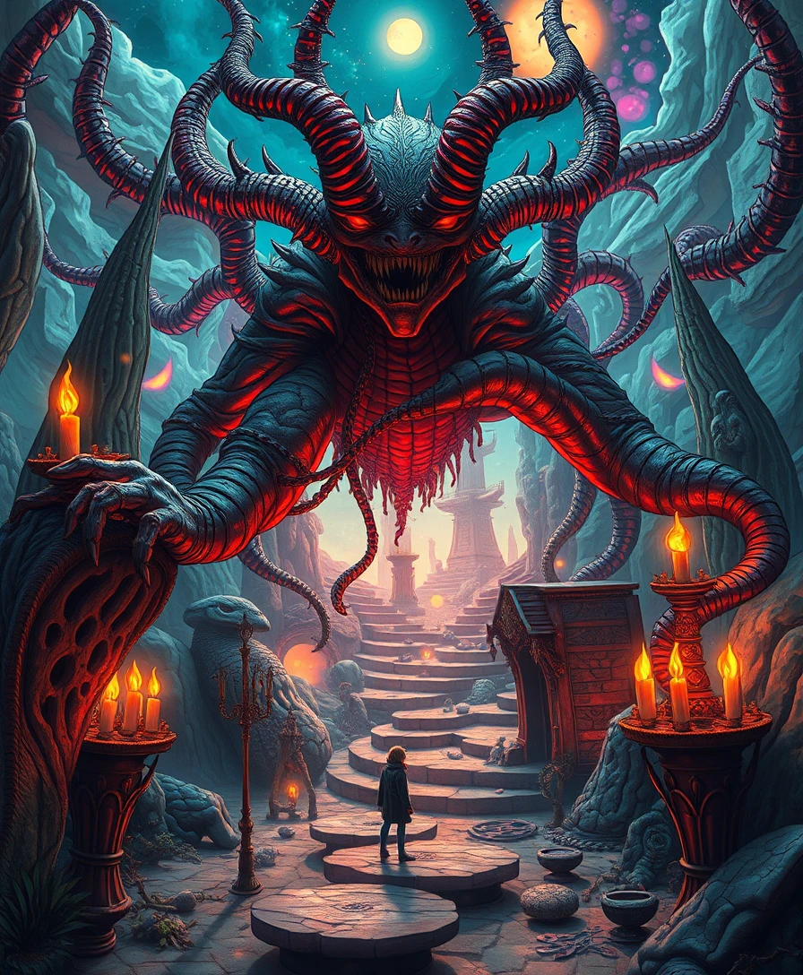 Surreal fantasy creature in a vibrant dreamlike landscape