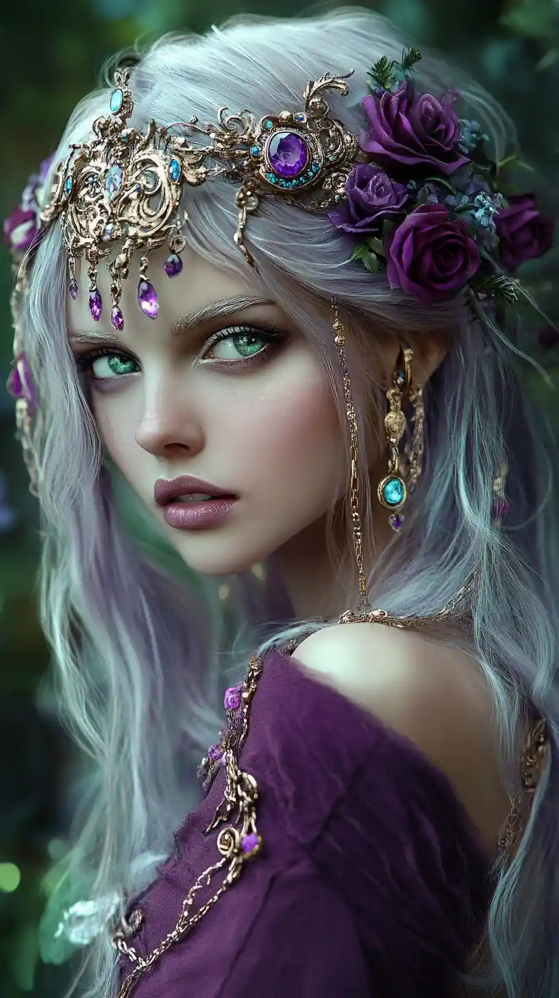 Silver haired fantasy woman adorned with ornate golden jewelry