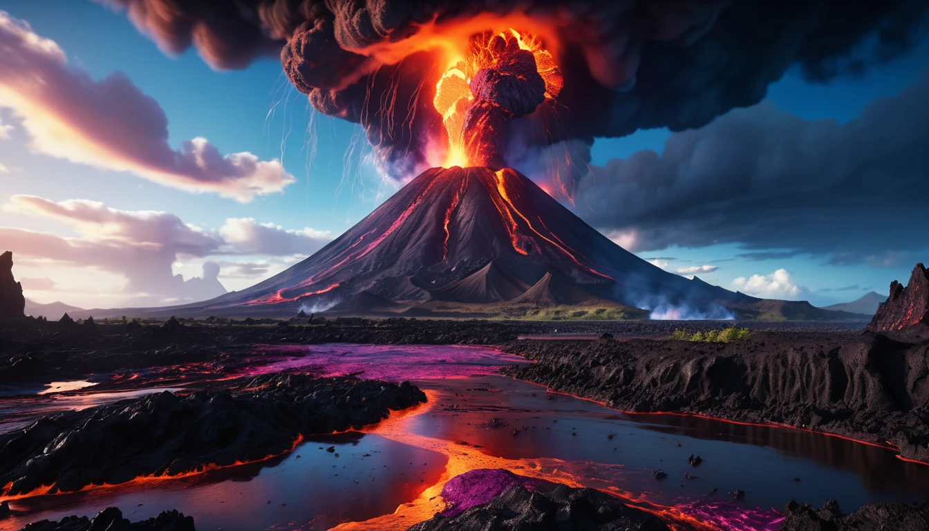 Apocalyptic volcanic landscape with rivers of glowing lava