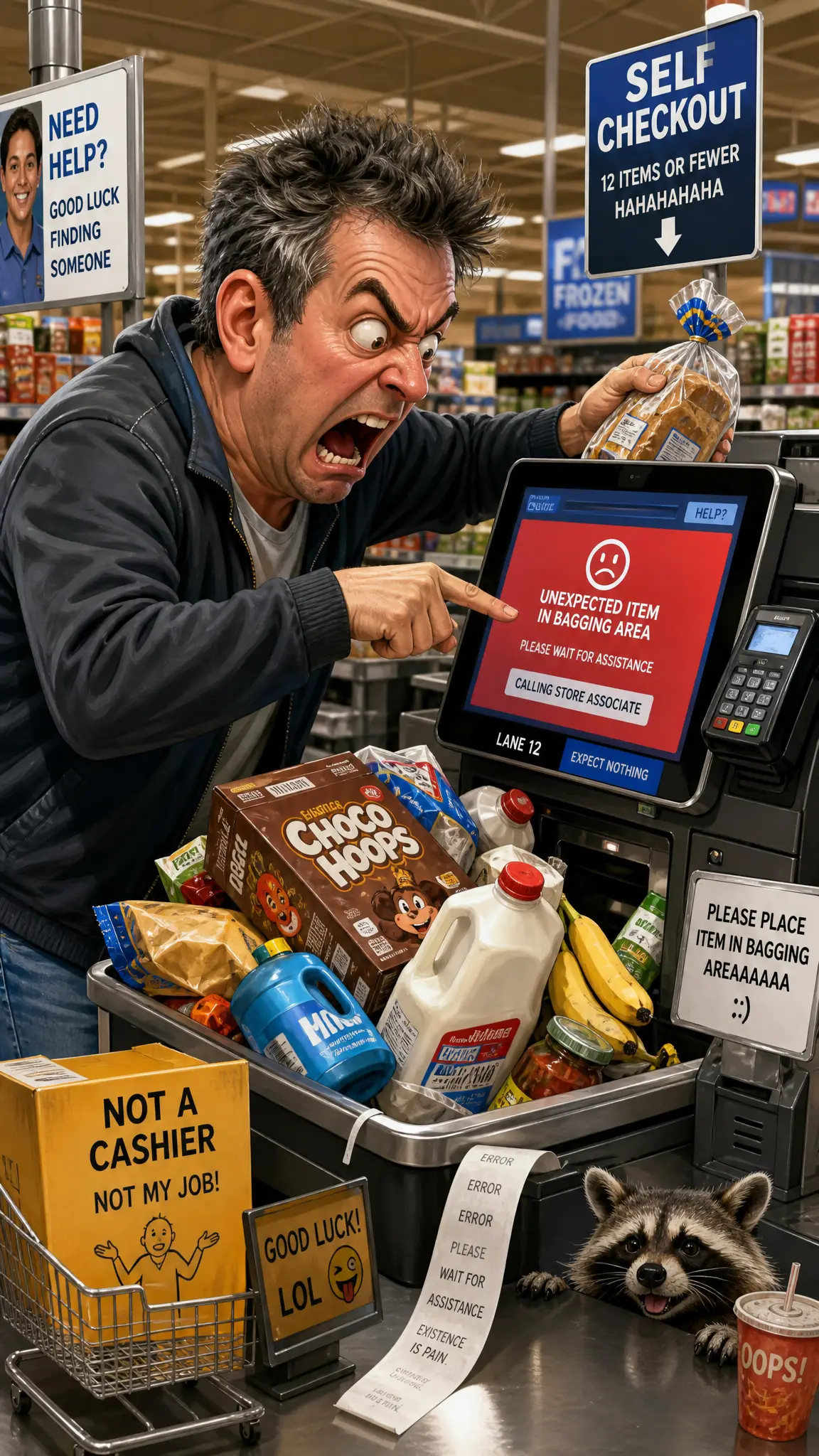 Angry shopper battling a self checkout grocery register