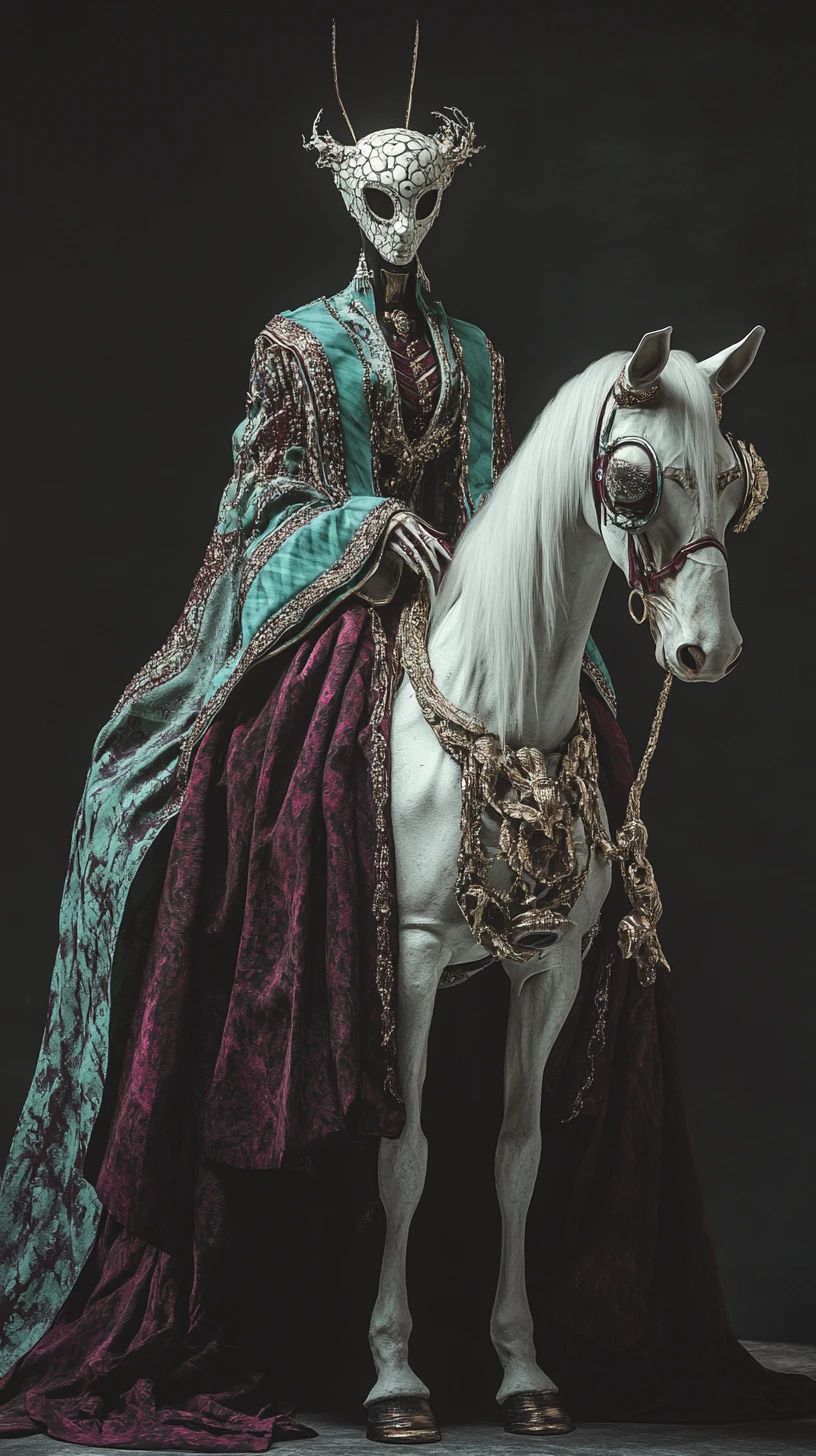 Surreal female warrior on white horse in endless void
