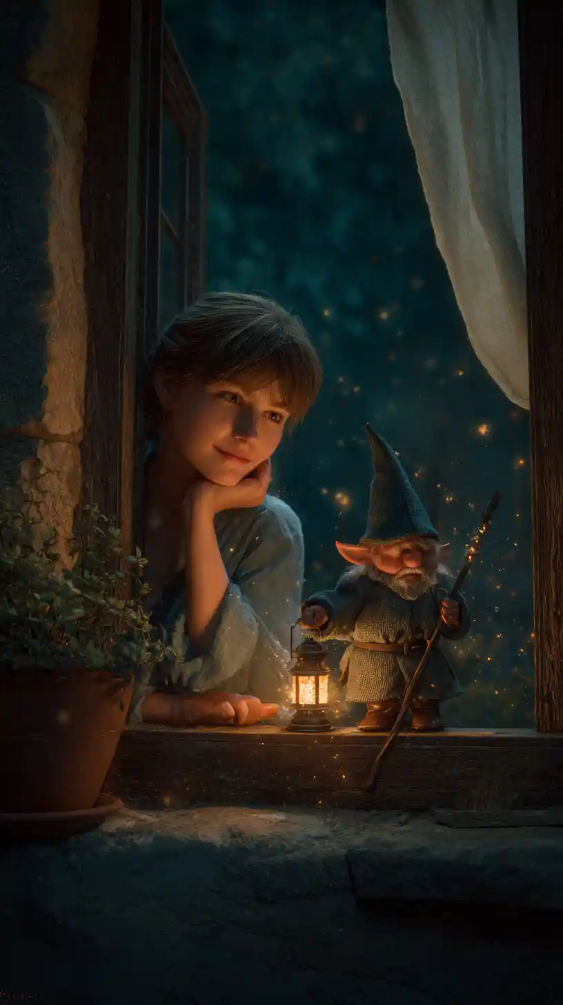 Girl at stone window with tiny lantern holding gnome