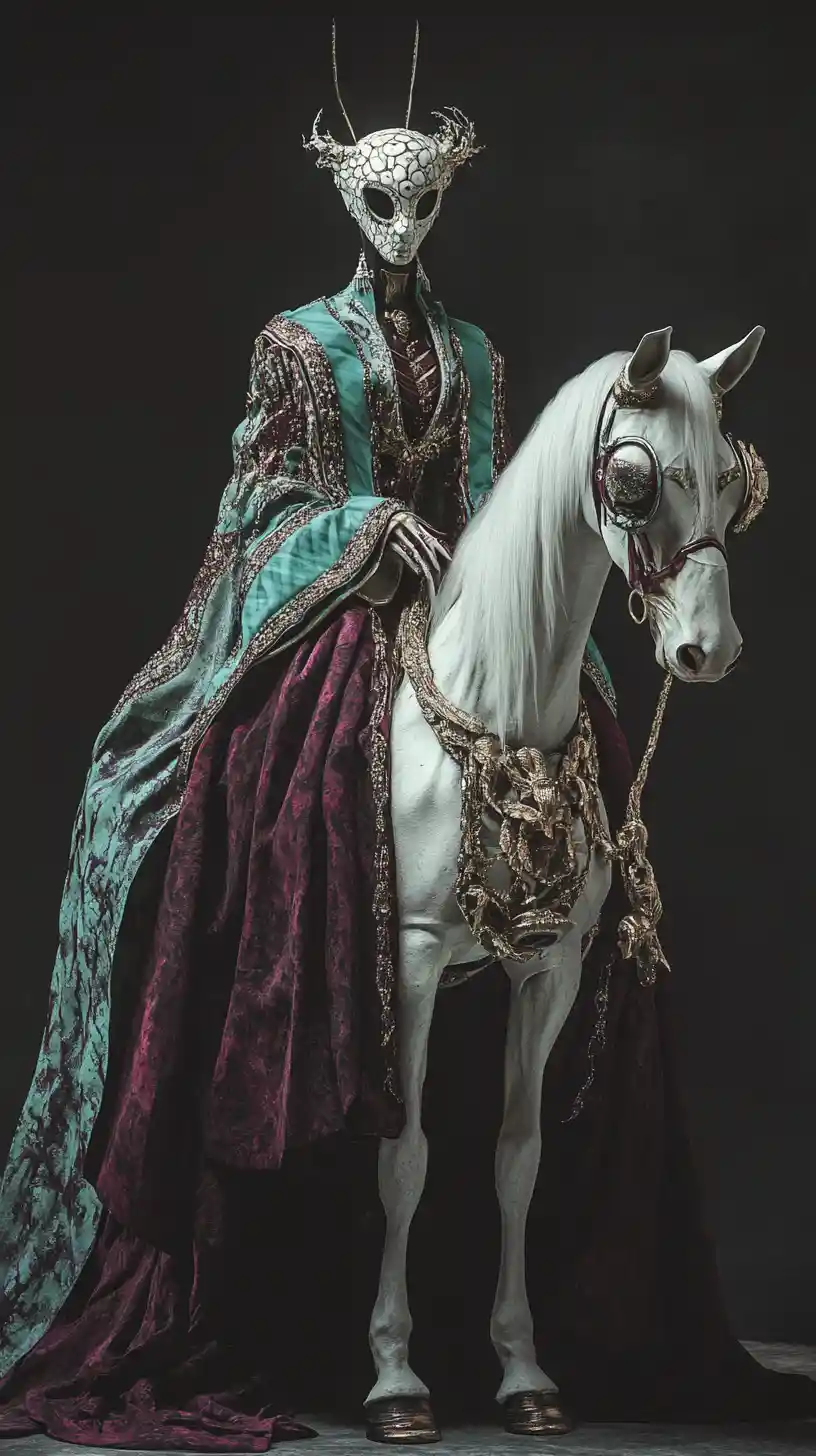 Surreal female warrior on white horse in endless void