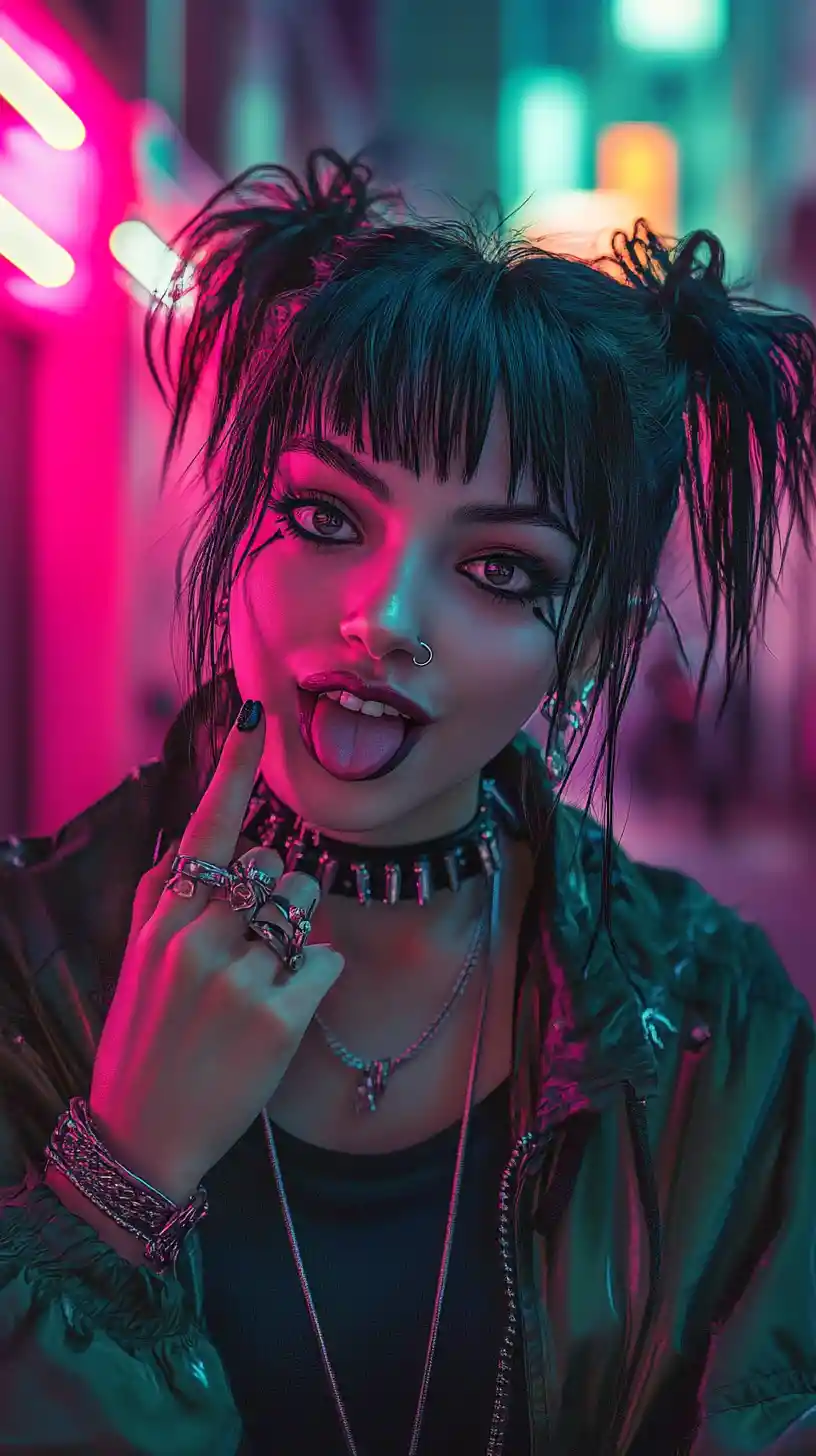 Playful pierced woman in neon cyberpunk city street