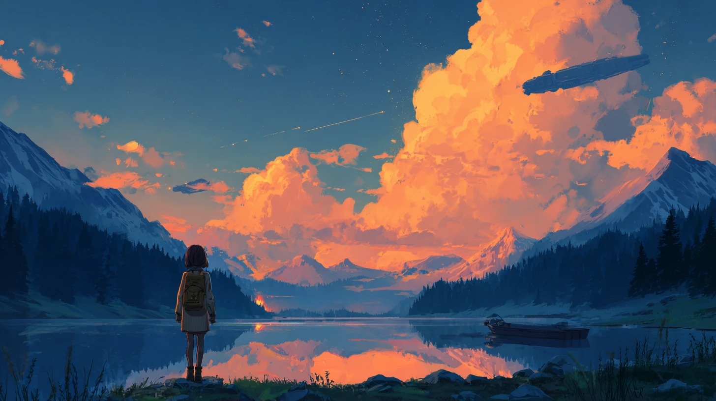 Giovane ragazza presso un tranquillo lago di montagna al tramonto