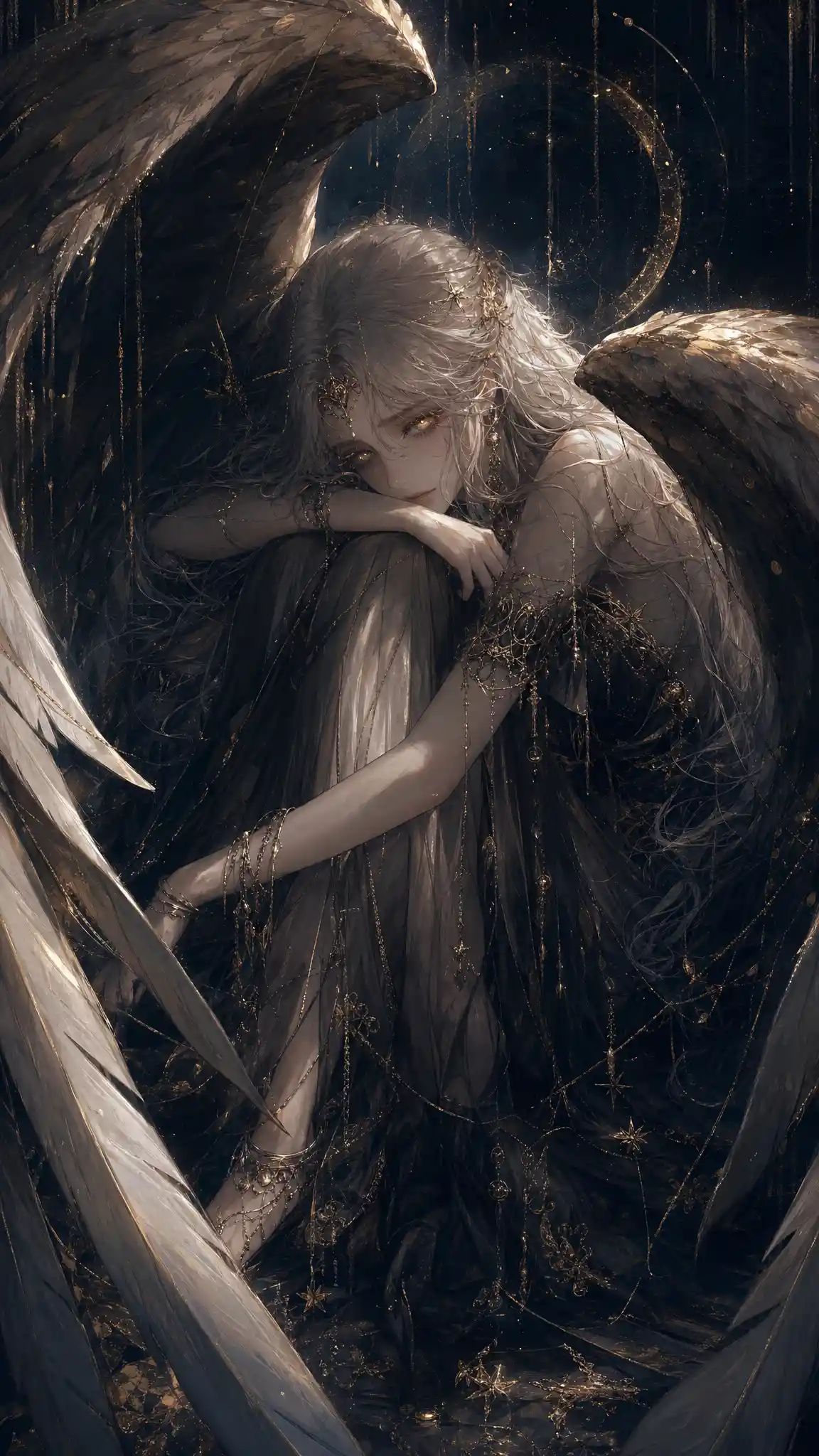 Melancholic winged girl wrapped in her own ethereal feathers
