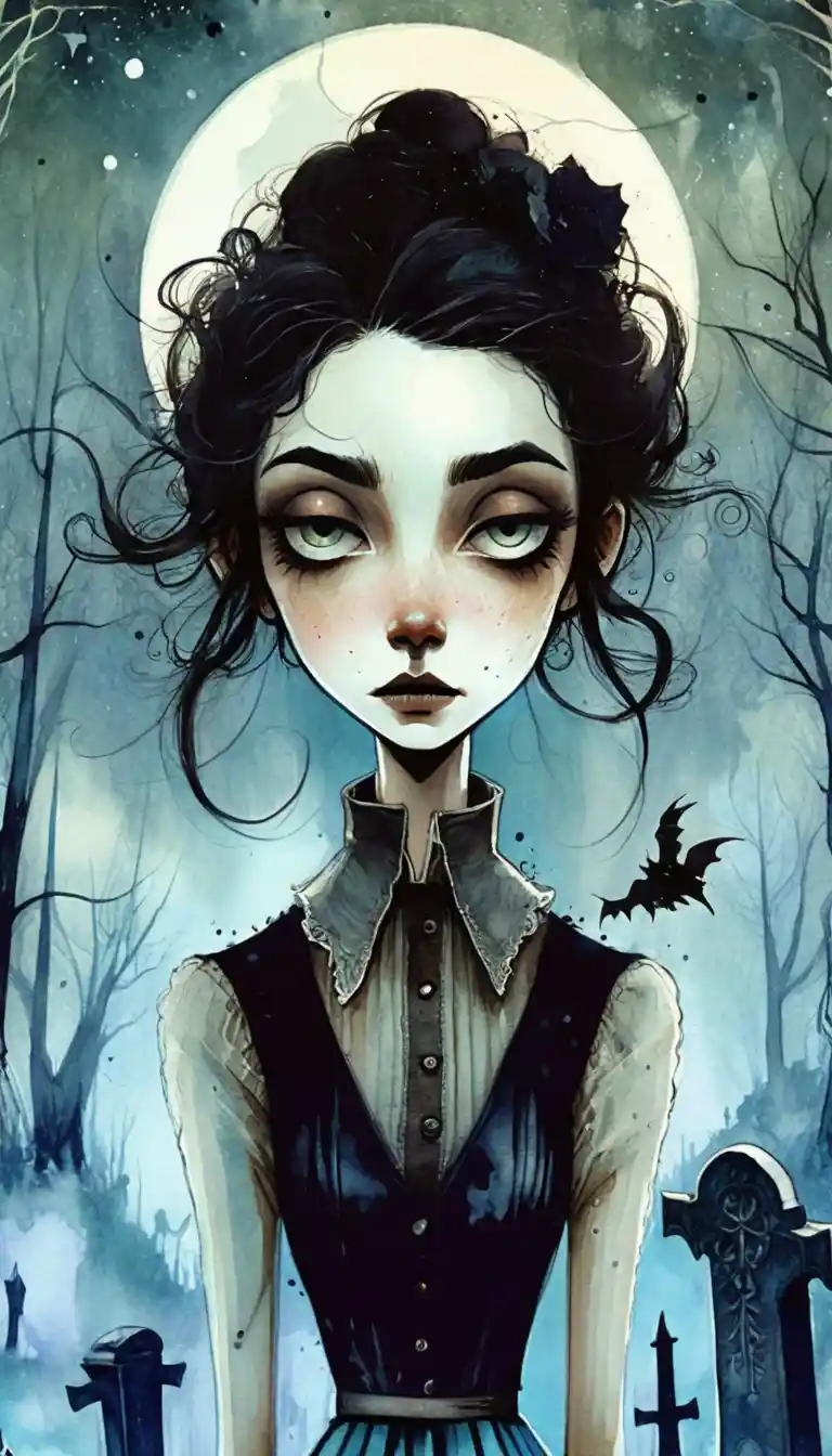 Gothic woman in moonlit graveyard with swirling fog