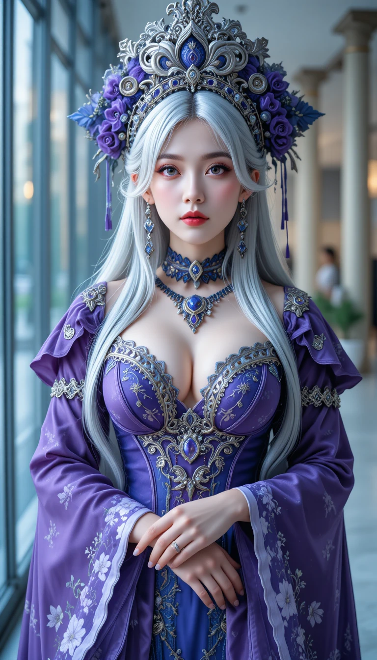 Asian cosplay woman in ornate purple fantasy costume