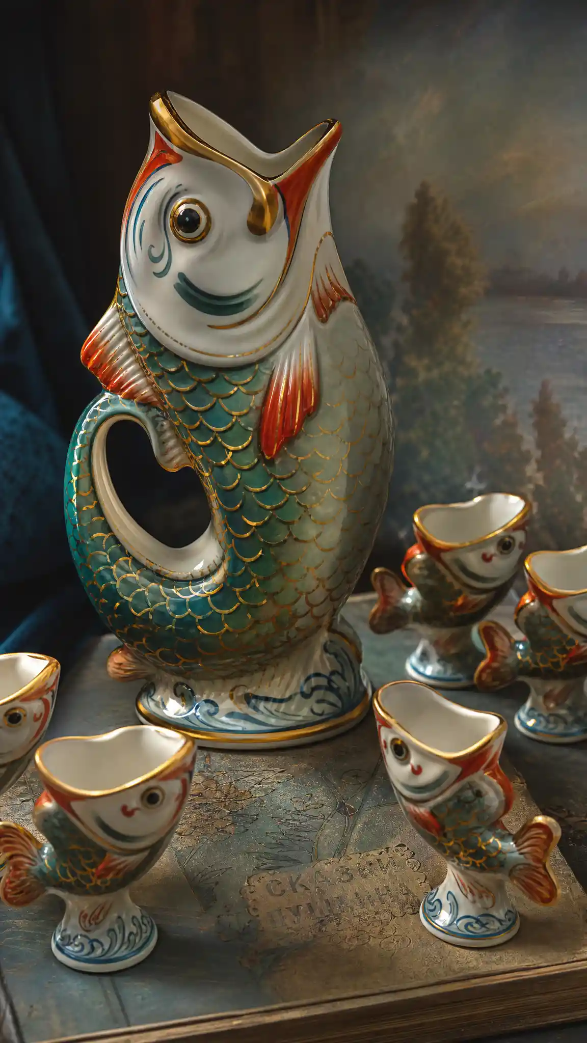 Colorful porcelain fish jug with matching cups in dynamic view