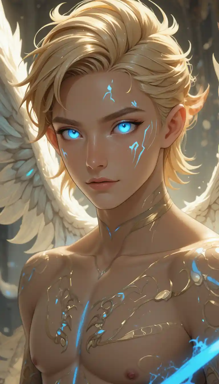 Angelic forge mage man with glowing skin and wings