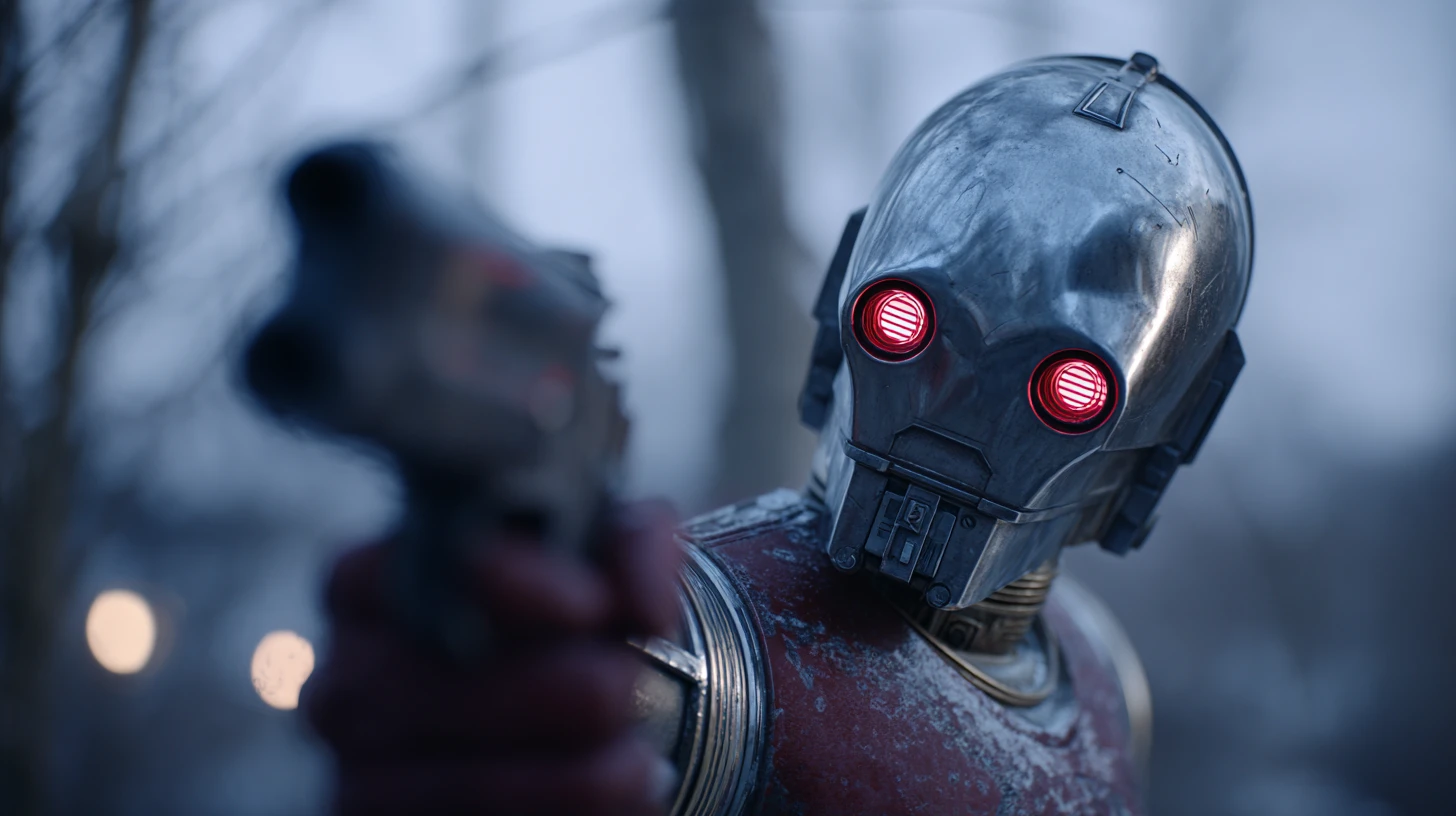 Realistic sci fi battle droids in a cinematic futuristic scene