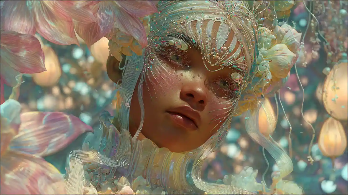 Ethereal Ethiopian princess drifting in glowing surreal realm