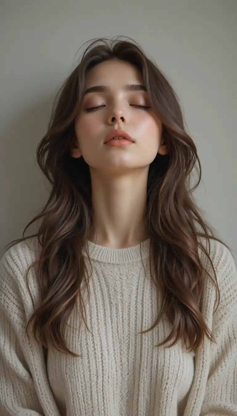 Young woman in knit sweater with eyes closed peacefully