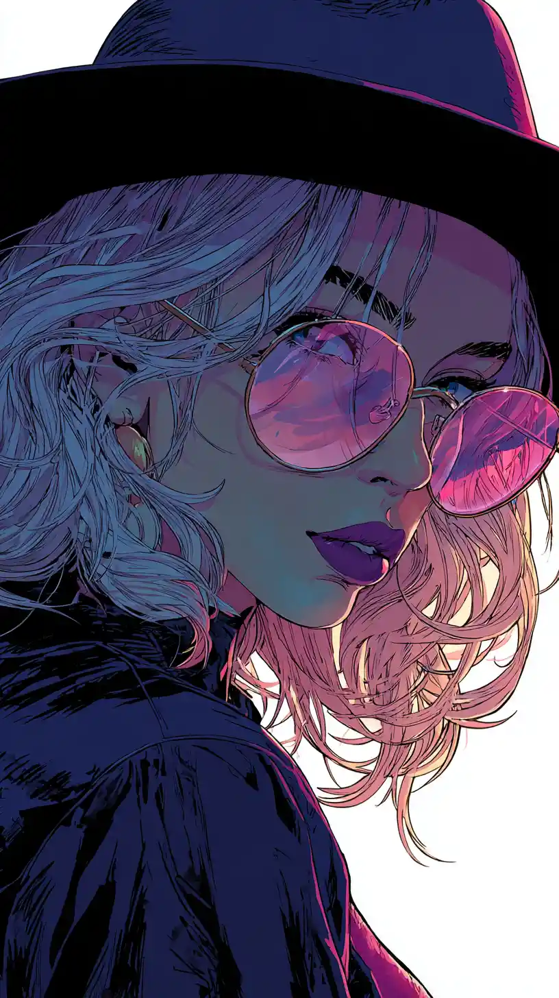 Anime woman in fedora with neon pink cyberpunk glow