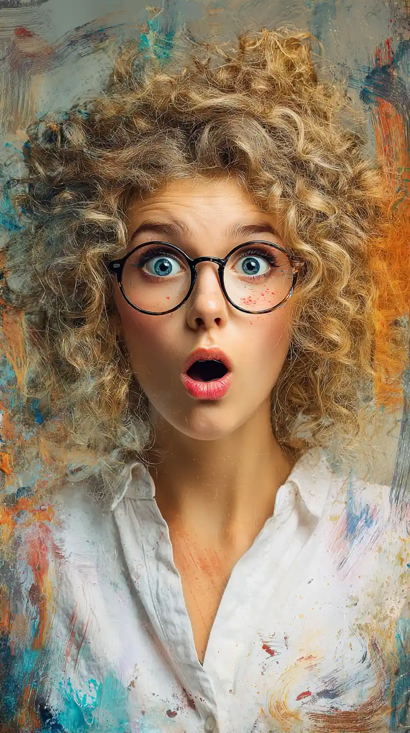 Ragazza anime sconvolta con occhiali rotondi e capelli colorati