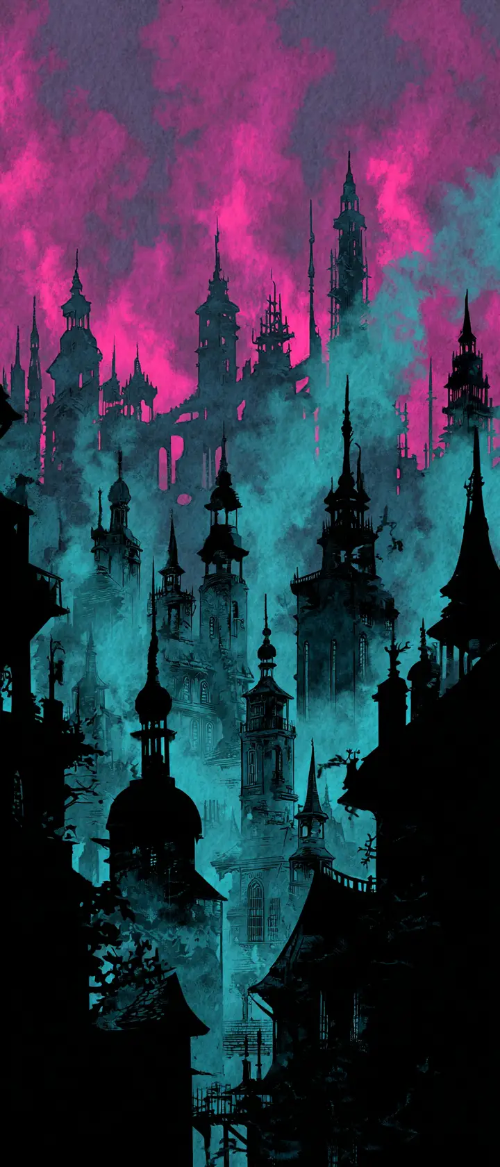 Silhouette fairy tale city skyline in neon cyan fog