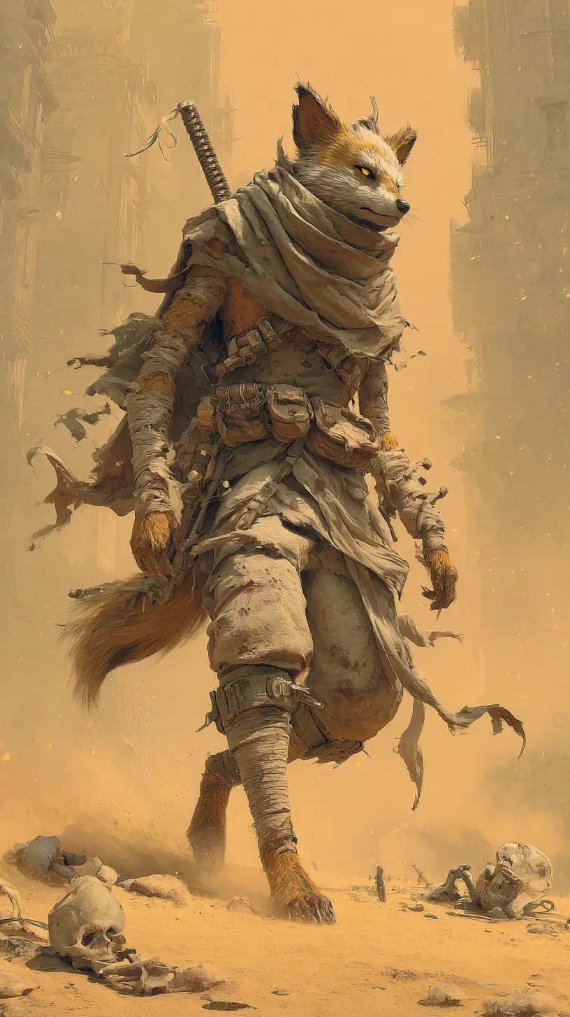 Zorro del desierto antropomórfico caminando a través de una furiosa tormenta de arena