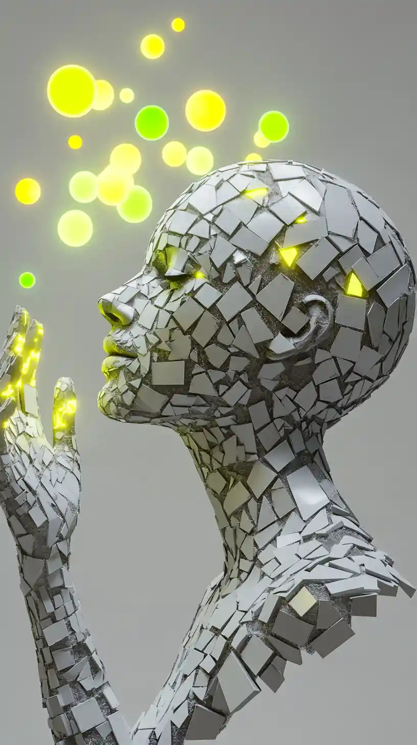 Abstract Mosaic Woman With Glowing Particles In Profile