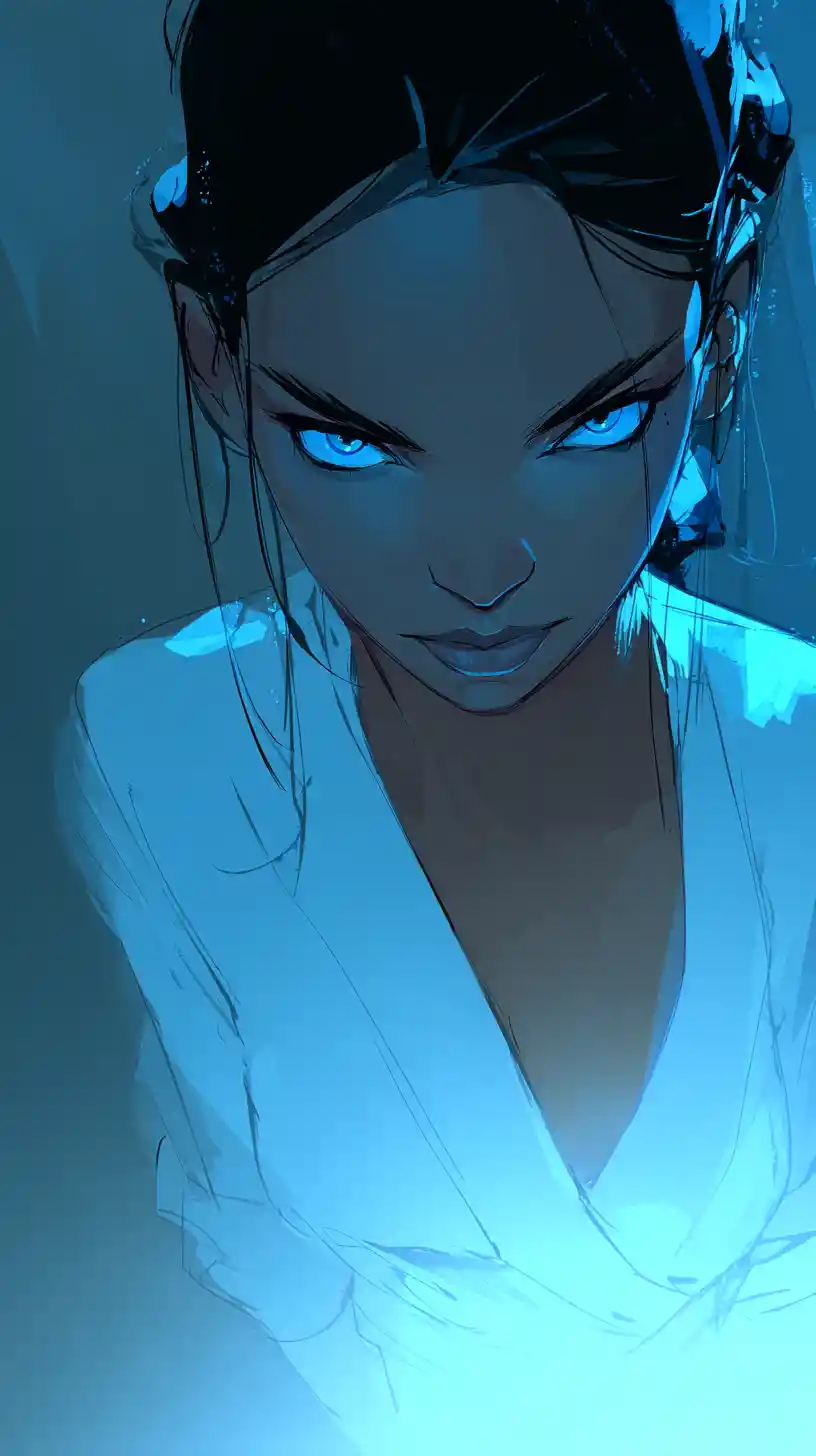 Mystical woman with glowing blue eyes in moody portrait