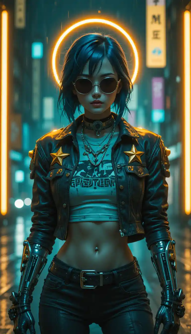 Defiant cyberpunk woman with chrome arms in neon city
