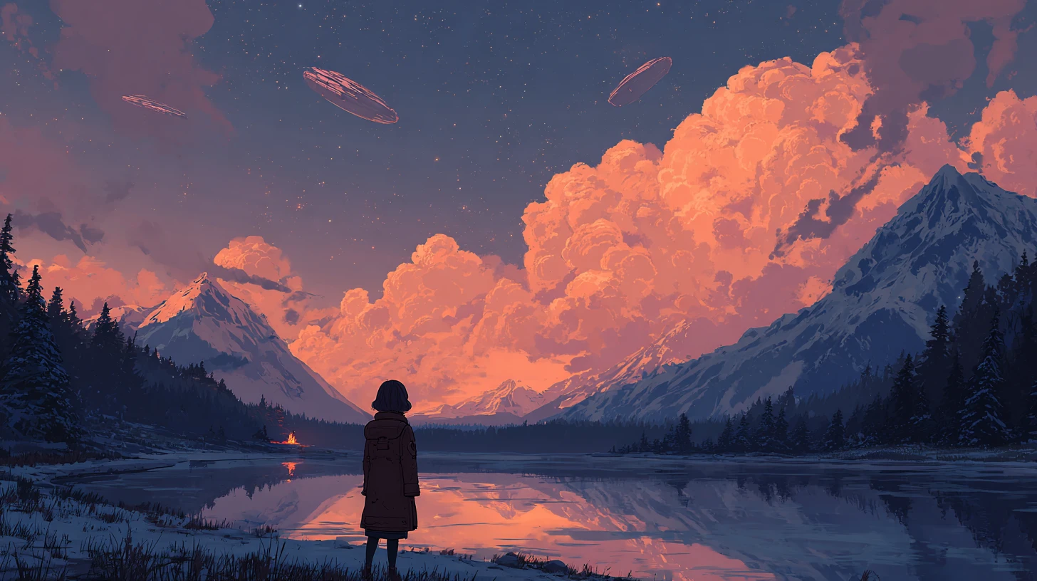 Young girl at mountain lake under glowing evening sky