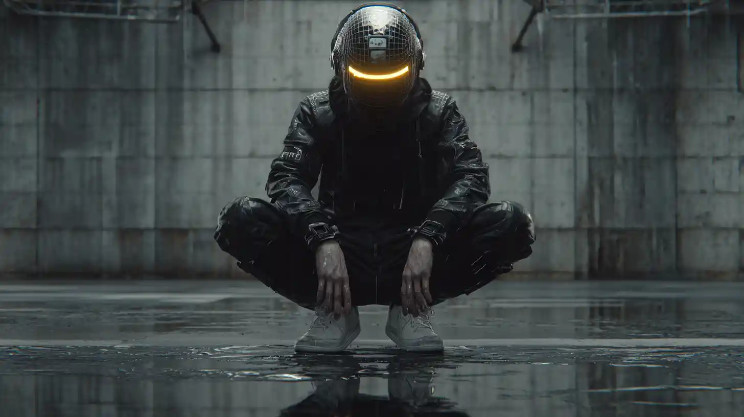 末日荒原上的黑色 Rick Owens 風格裝甲男子