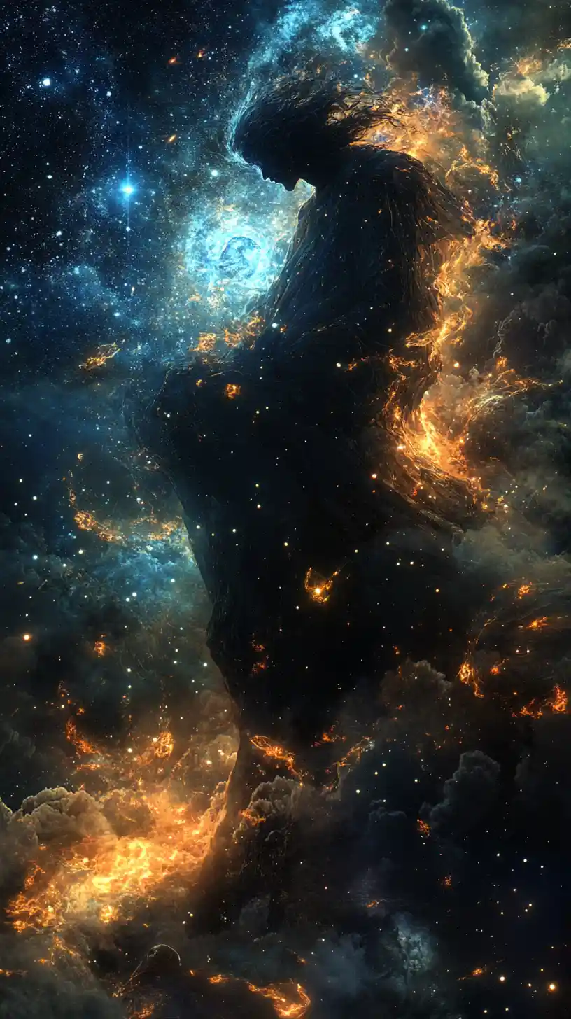Lonely figure under aligning stars and fading lightwave sky