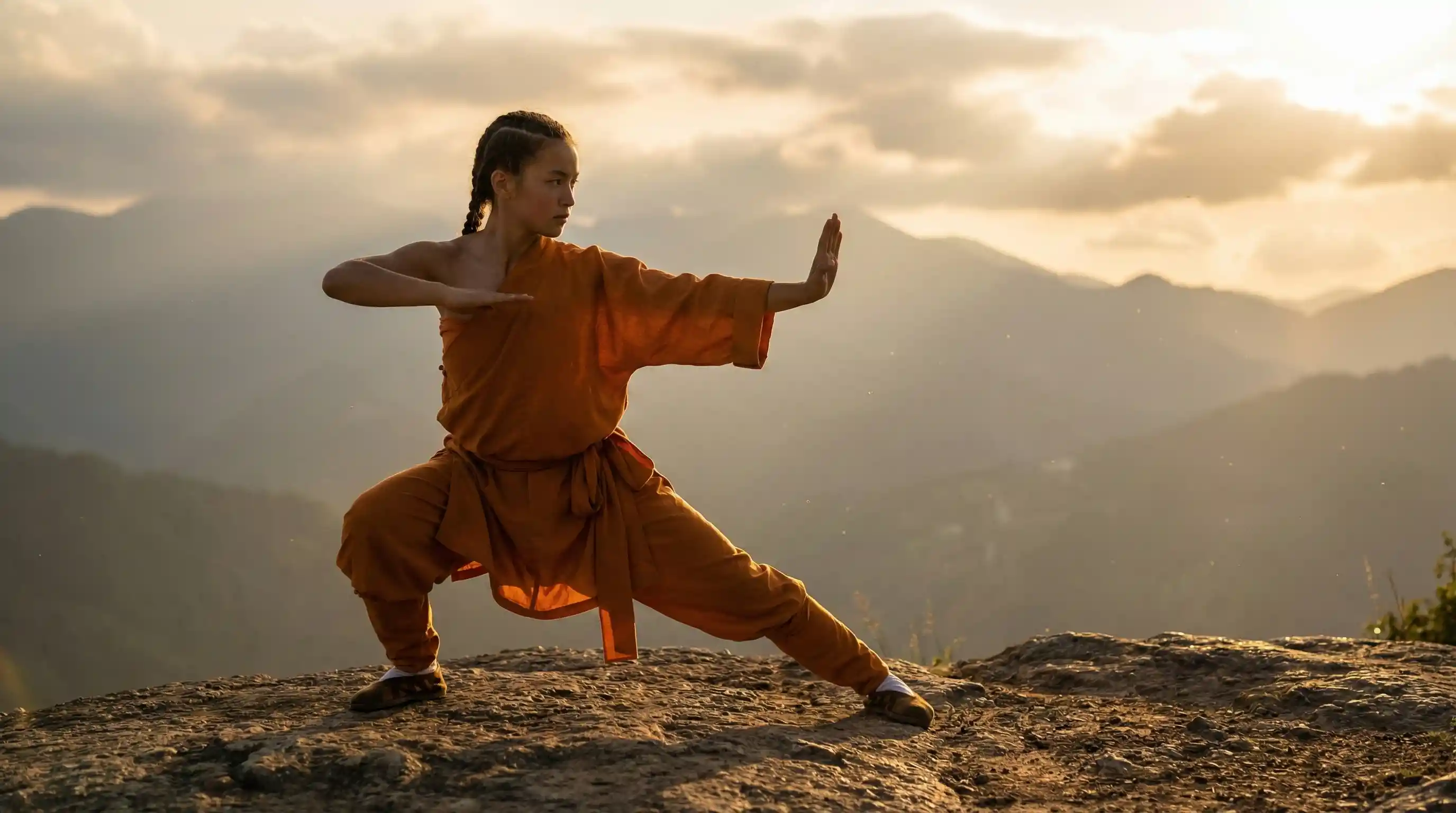 Serene female warrior posing at sunset on a mountainside