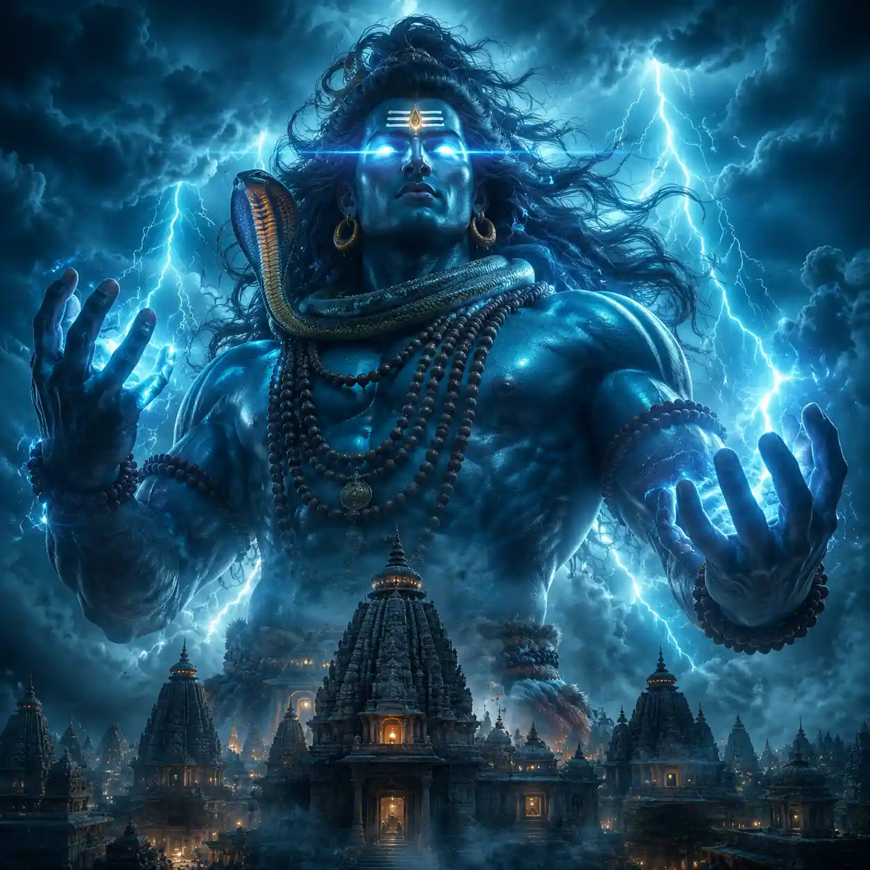 Divine cosmic deity towering above ancient temple city