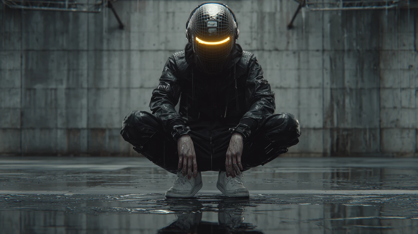 Armored man in black rick owens style on apocalyptic plain