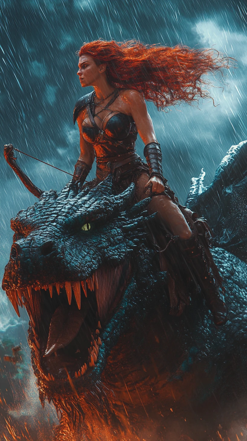 Amazon warrior riding a colossal dragon through storm