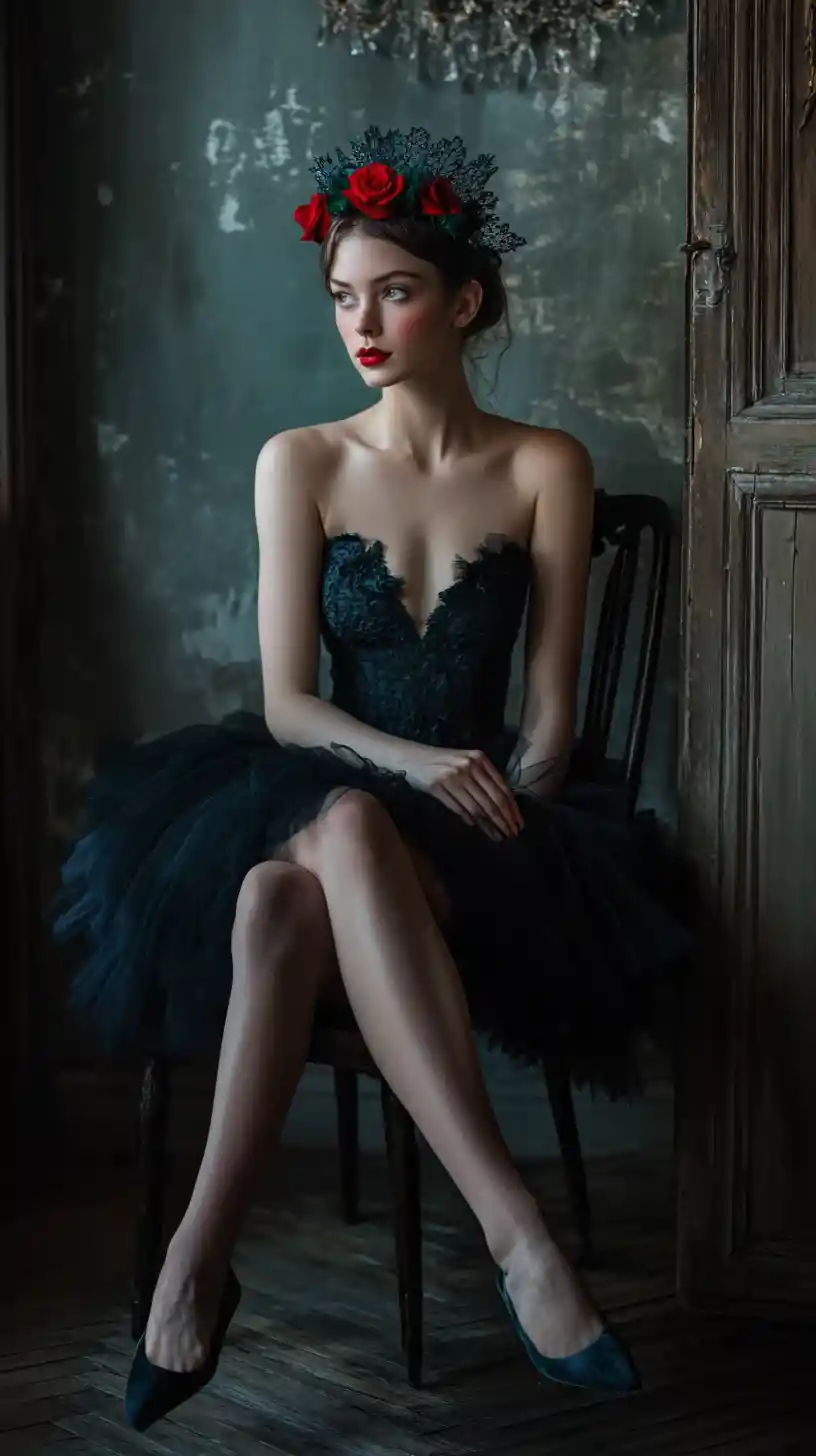 Ballerina in blue tutu leaning forward on wooden stool