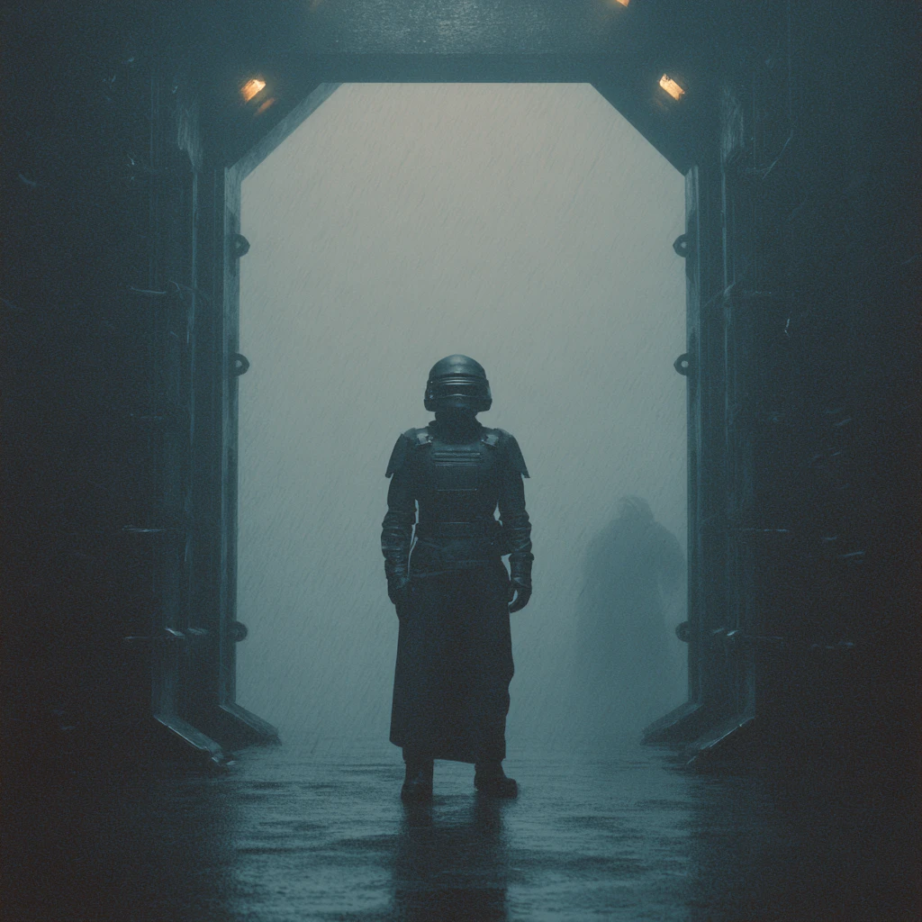 Young apprentice at a dark monastery gate in the mountains