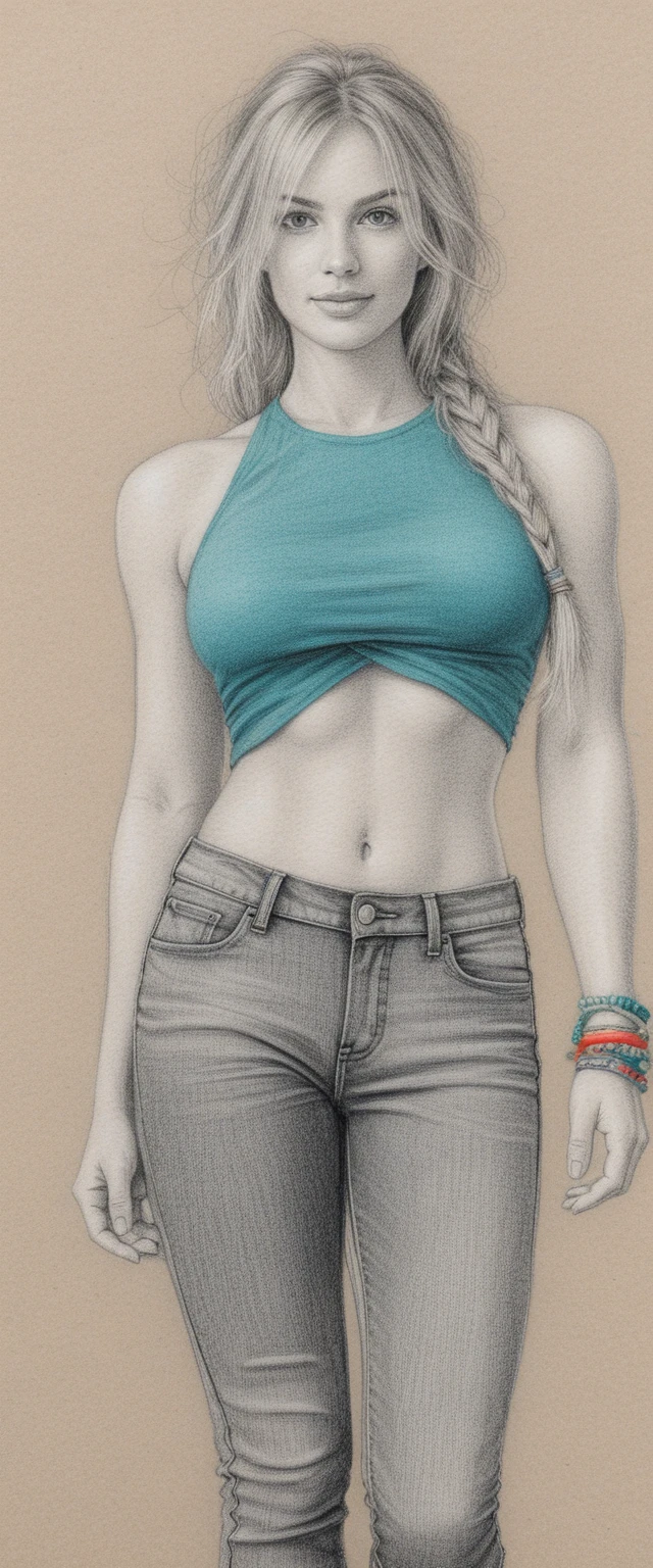Athletic blonde woman in turquoise top drawn in color pencil