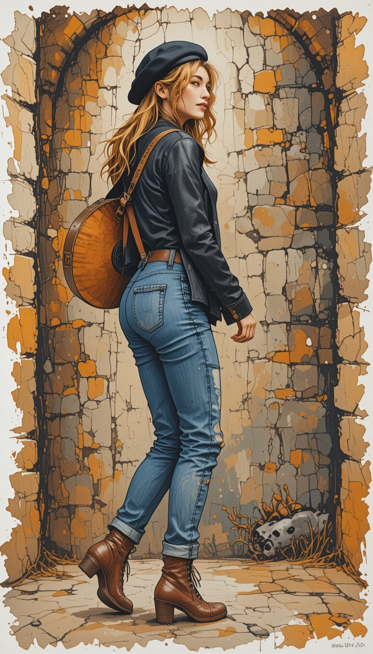 Bohemian woman walking with guitar against rustic stone wall