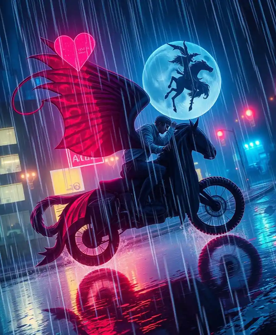 Herzgebrochene Fantasy-Frau im Regen mit einem Mitternachtsreiter