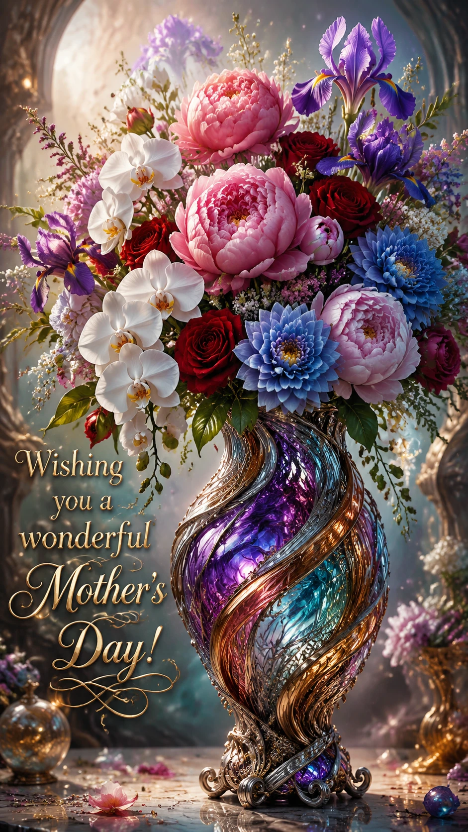 Fantasy bouquet of flowers in a decorative metal glass vase