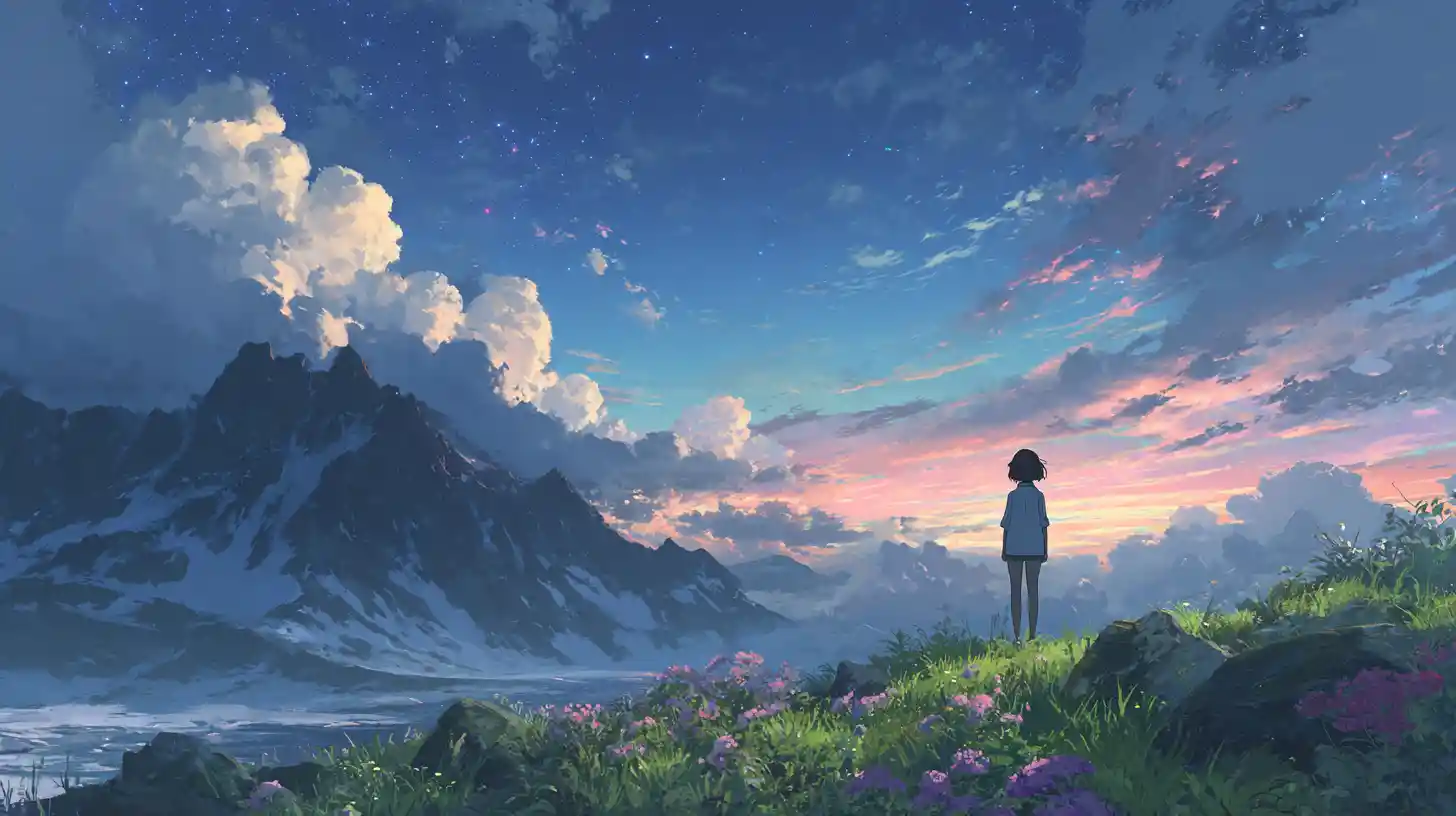 Anime girl on a lush island beneath twilight mountains