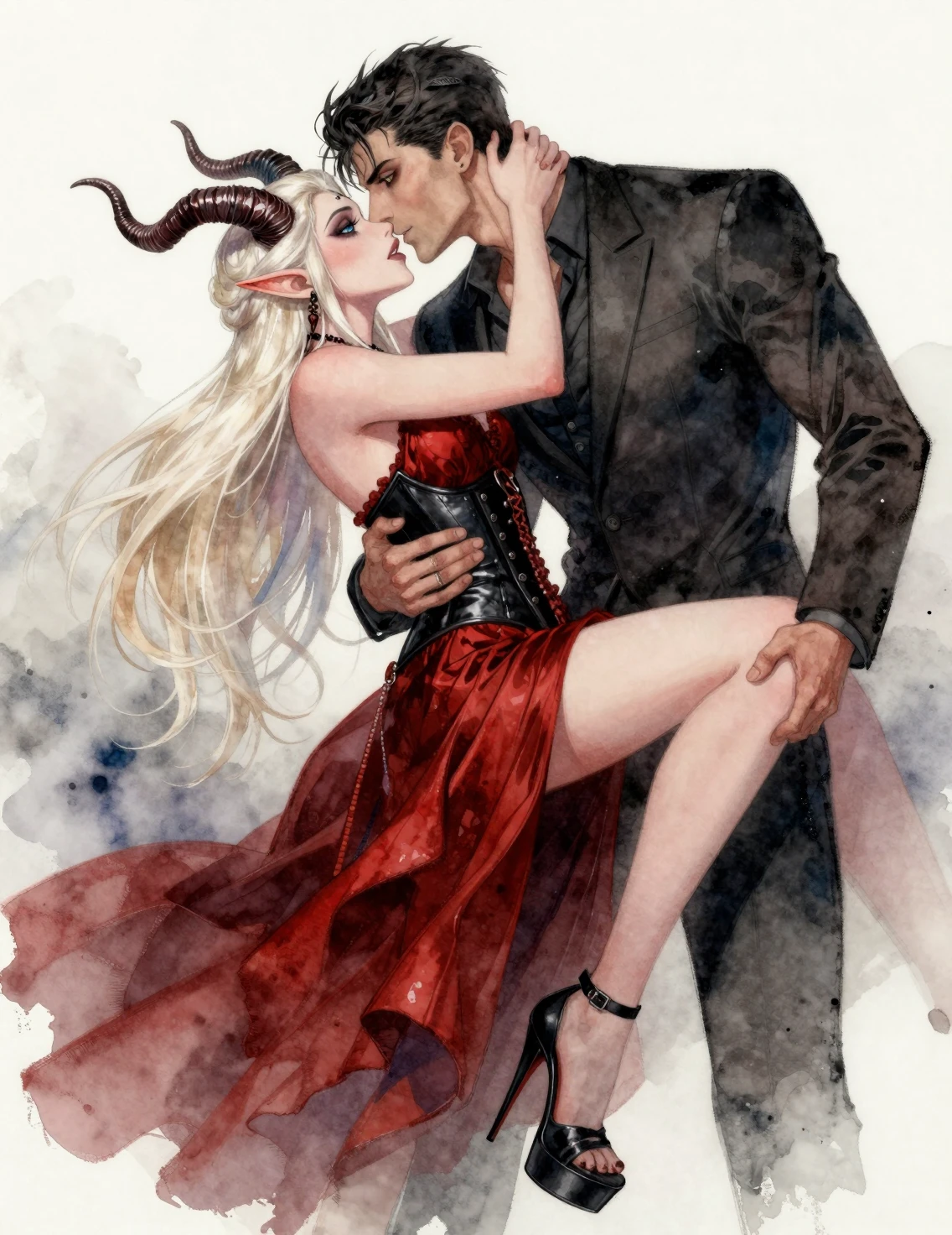 Gothic tiefling woman kissed by her suited lover
