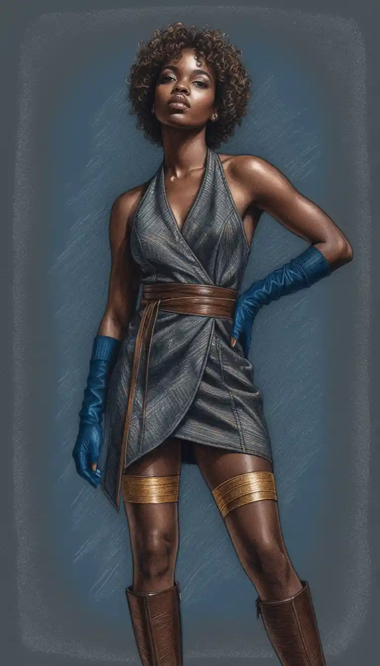 Confident young woman in brown leather dress illustration