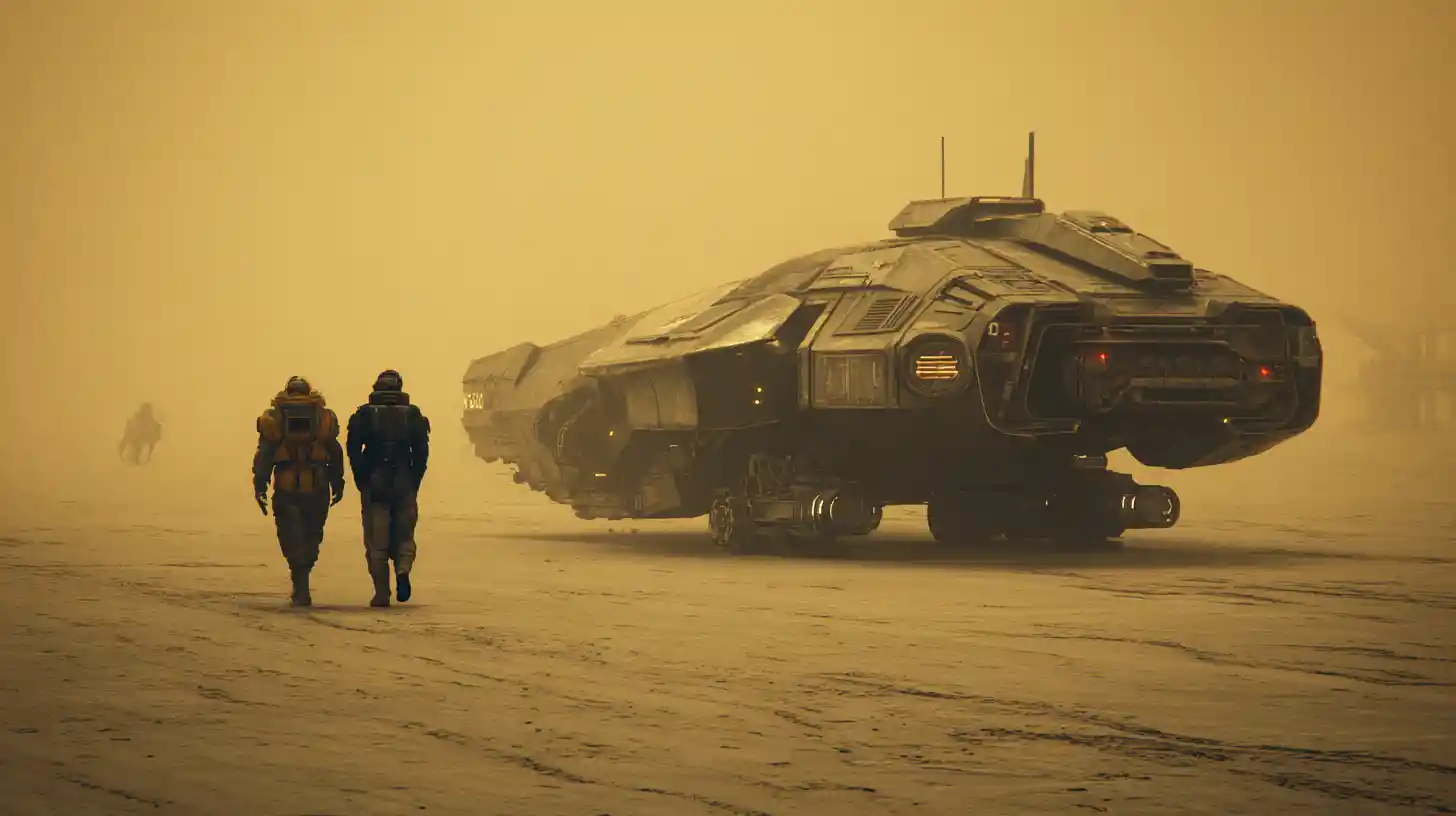 Middle aged man in dark sci fi spaceship corridor