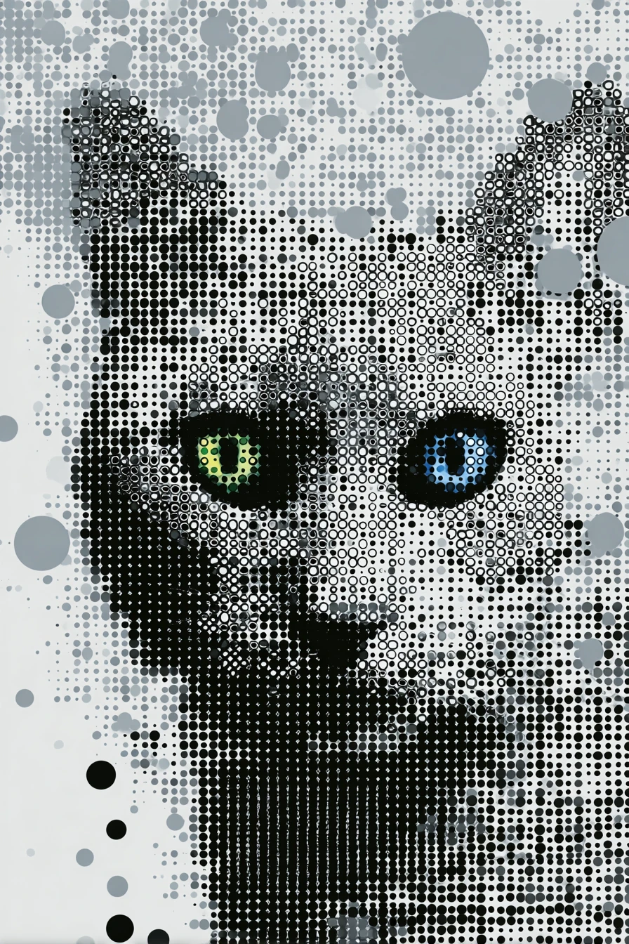 Optical illusion cat portrait made of black dotted grid