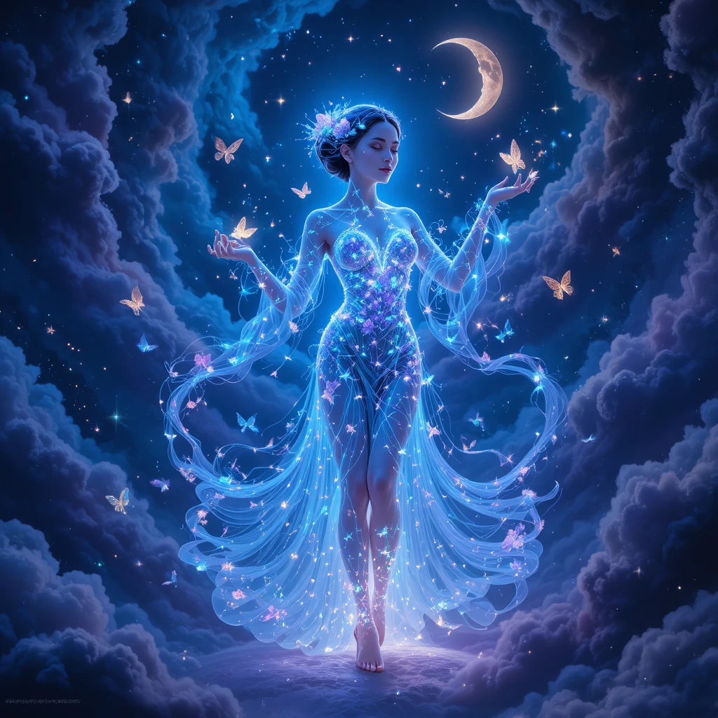 Celestial goddess standing in a swirling indigo cosmic nebula
